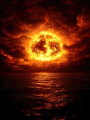 Dramatic fiery sunset over the ocean with intense clouds, creating a surreal and mesmerizing visual experience of nature's power.