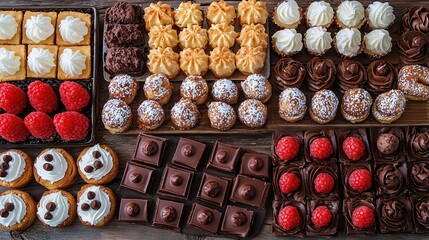   A variety of desserts & pastries displayed on a wooden table including chocolates & raspberries