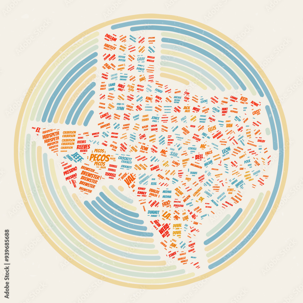 Poster texas round poster. typography style image of the state. counties word clouds of texas. vintage imag