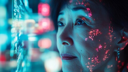 A woman is looking at a computer screen with a face on it