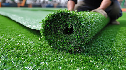 Worker installing a roll of artificial grass on a sports field in the afternoon