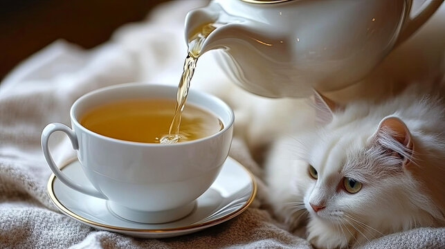A white cat relaxes beside a steaming cup of tea on a cozy blanket in a warm indoor setting