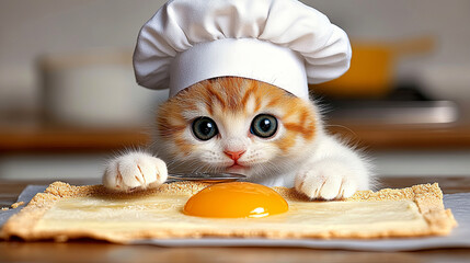 A playful kitten wearing a chef's hat curiously examines an egg yolk on a pastry surface in a cozy kitchen