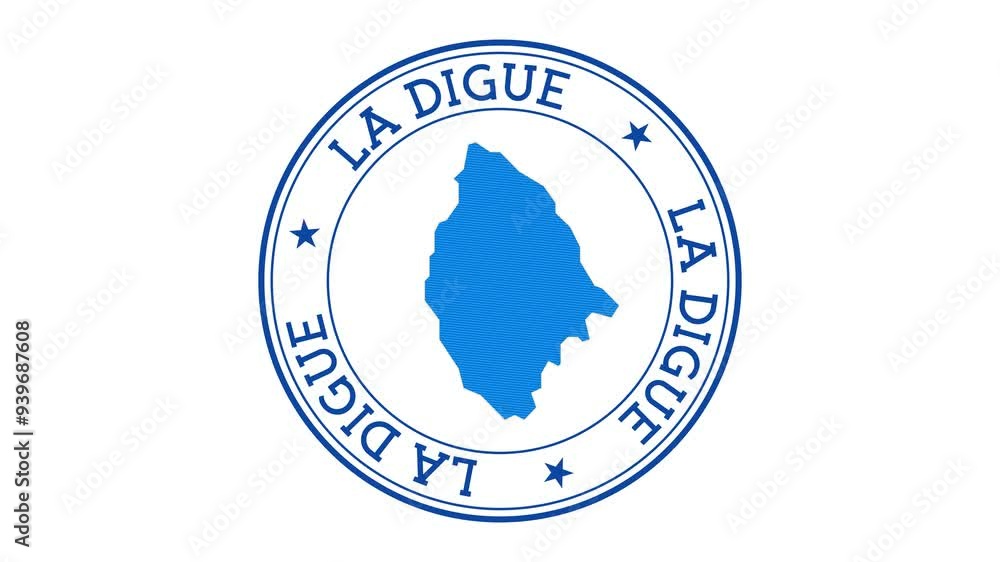 Poster la digue intro. badge with the circular name and map of the island. la digue round logo animation.