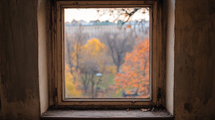Obraz premium Autumn foliage seen through a rustic window in a historic building in the late afternoon
