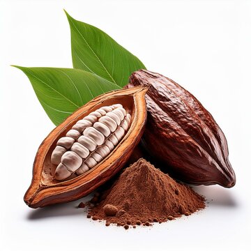 Cocoa pods and cocoa beans and cacao powder with leaves isolated on white background