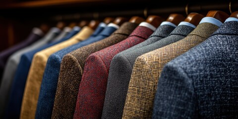 Obraz premium A detailed image captures a row of stylish and meticulously tailored men's suits in various colors and patterns displayed on hangers in a high-end clothing store