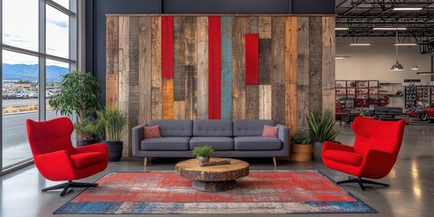 A modern industrial-themed lounge area with a stylish gray sofa, vibrant red armchairs, and a unique rustic wood accent wall featuring bold red and blue panels