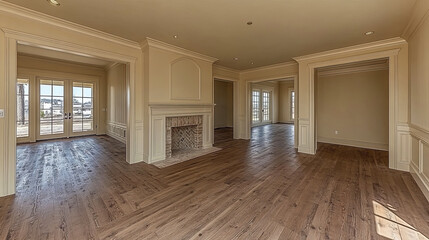 Spacious empty living room with hardwood floors and large windows in a newly constructed home
