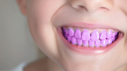 Obraz premium Dental care hygiene, purple tooth child smiling, smile dentistry, ultra-realistic stock photo.