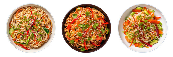 Set of Asian sesame noodle salad isolated on a transparent background