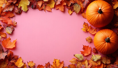 Orange pumpkins and dry maple leaves flat lay on a pastel background, perfect for Thanksgiving holiday decor and fall season atmosphere.