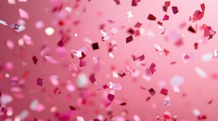 Colorful confetti scattered against a soft pink background, creating a festive atmosphere.