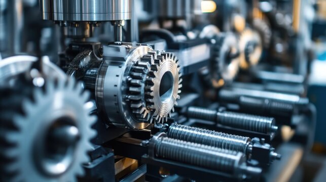 Close-up of industrial machinery featuring gears and components for manufacturing processes.