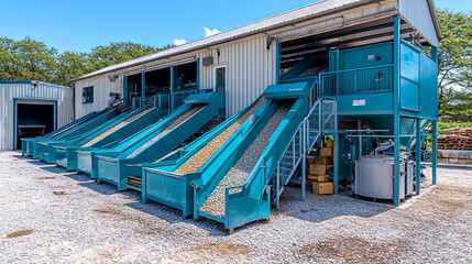 Equipment for sorting and processing gravel at a construction facility on a sunny day