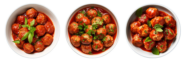 Set of turkey meatballs in marinara sauce isolated on a transparent background