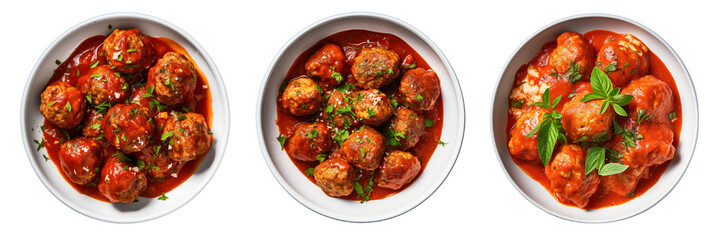 Set of turkey meatballs in marinara sauce isolated on a transparent background