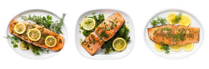 Set of lemon herb baked salmon isolated on a transparent background