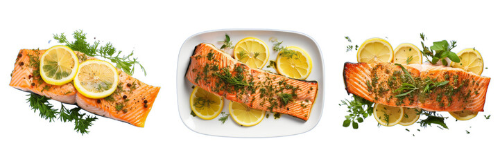 Set of lemon herb baked salmon isolated on a transparent background