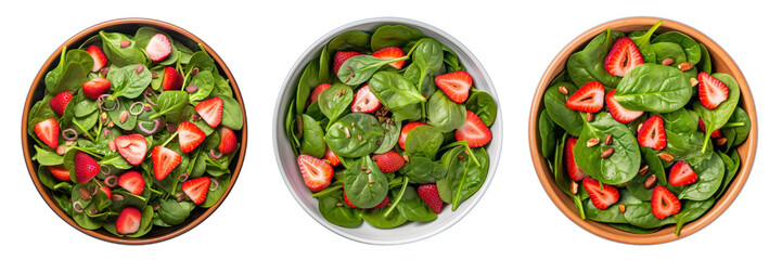 Set of spinach and strawberry salad isolated on a transparent background