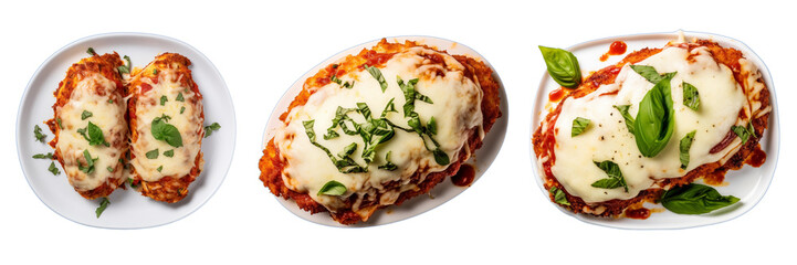 Set of baked chicken parmesan isolated on a transparent background