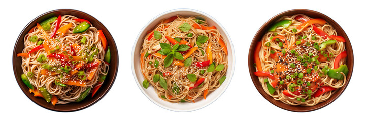 Set of Asian sesame noodle salad isolated on a transparent background