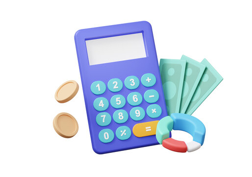 Calculator financial graph economics analytics grow. income coin banknote money saving fund investment, Cost reduction finance education concept. on isolated background. 3d rendering