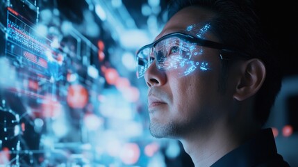 A man wearing glasses is looking at a computer screen with a blue background