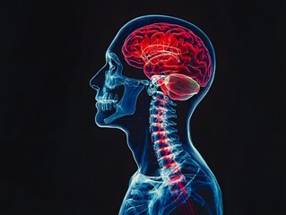 Detailed X-ray illustration of the human brain and spine in side profile. The vibrant red highlights the brain's intricate structure, symbolizing intelligence and neurological health.
