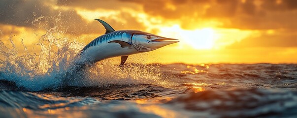 Obraz premium A magnificent marlin leaps out of the water at sunset