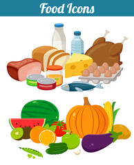 Set of cartoon food and drinks for restaurant or commercial. Food and drinks icons. Fruits and Vegetables icons. Vector illustration