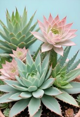 Obraz premium Various types of cactus and plants, some of them flowering, arranged on a monochrome pastel background
