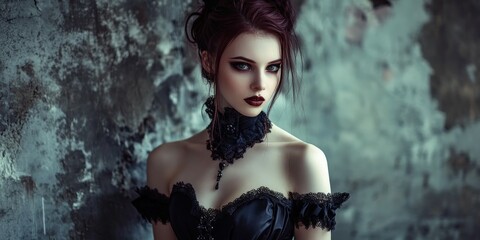 Enigmatic gothic woman in black attire against textured backdrop