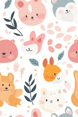 Cute animal faces in soft pastel colors, creating an adorable and playful pattern, perfect for children's products, nursery decor, or cheerful designs.