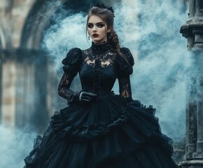 Fototapeta premium Gothic woman in elegant black gown poses in misty courtyard setting