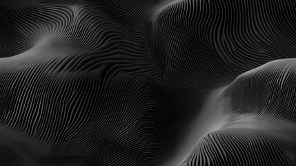 A seamless black pattern with undulating lines that create a sense of depth and movement. The design is abstract and sophisticated, with a sleek, modern feel.