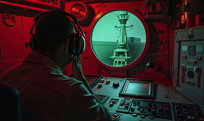 A man sitting at the controls of a ship with headphones on