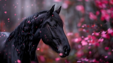 black horse in spring with pink flowers.