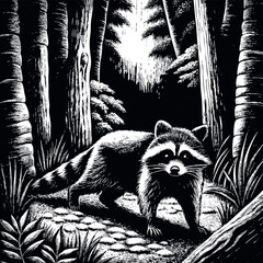Raccoon in forest engraved vector