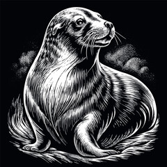 Sea lion engraved vector