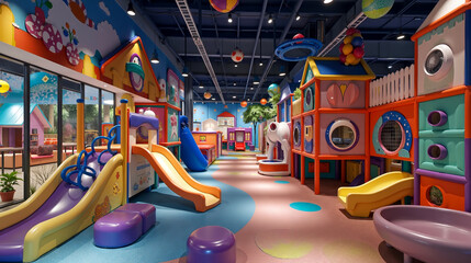 A brightly colored children's play area with a slide and a play area
