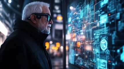 A man in a black jacket is looking at a computer screen with a lot of blue