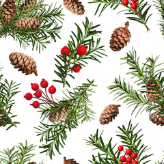 Fototapeta premium Christmas Seamless Pattern. Coniferous branches, cones and red artificial berries. Pattern for wrapping paper, greeting cards, invitations, fabric, prints.
