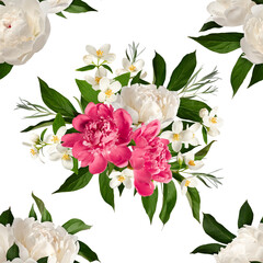Fototapeta premium Floral Seamless Pattern of peonies and jasmine flowers isolated on white background. Perfect for cards, invitations, wallpaper, wrapping paper, interior decoration, wedding cards.