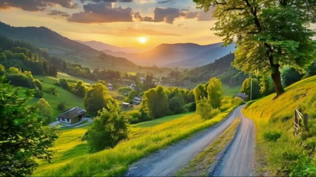 sunset in the mountains with winding roads and quiet cool air