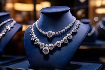 luxury diamond jewelry window display with necklace