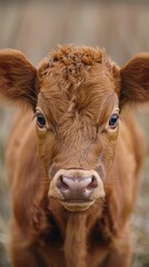 A close-up photograph of a young brown calf with expressive eyes and a soft, curly coat, standing in a natural outdoor setting with a blurred background