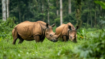 Fototapeta premium Endangered Javan Rhino Pair in Natural Habitat, Grazing in Forest Clearing Surrounded by Vast Greenery, Critical Conservation Efforts Visible