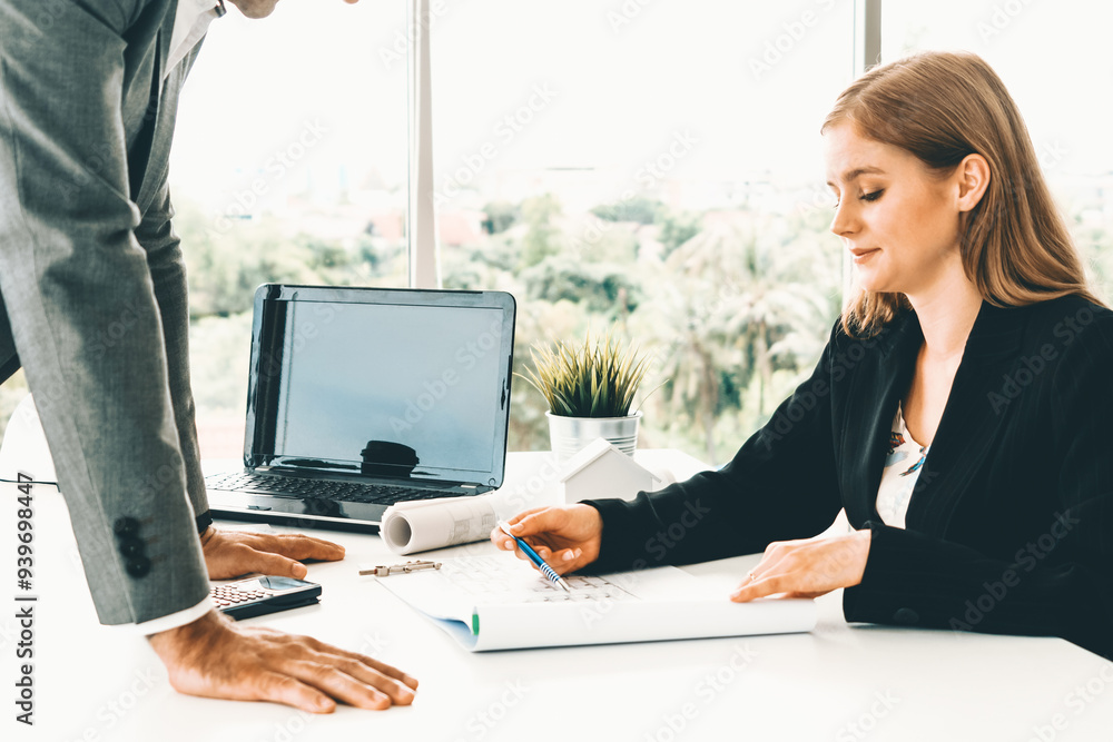 Poster architect and engineer working with construction drawing project on table in office. architecture an
