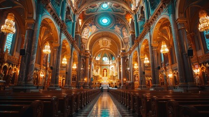 Obraz premium A stunning interior view of a grand cathedral showcasing intricate architectural details, ornate decorations, and luminous chandeliers under a majestic vaulted ceiling